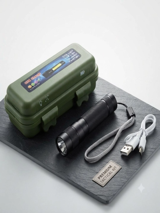 Фонарик аккумуляторный ручной светодиодный LED, 3 режима свечения USB-зарядка, шнурок, кейс - 