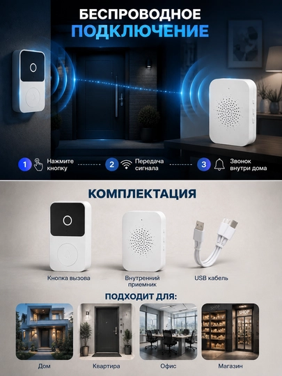 Simsiz eshik qo‘ng‘irog‘i, uy va kvartira uchun, USB quvvatli ovozli signal qurilmasi