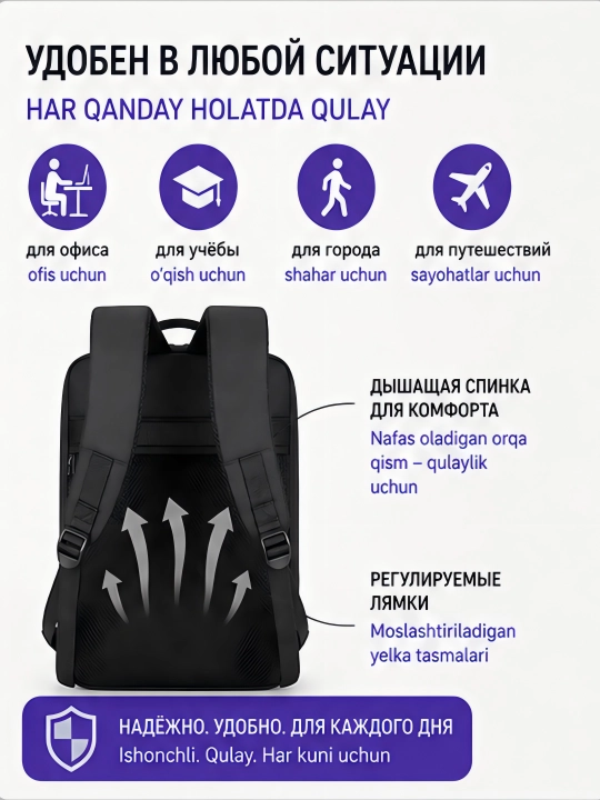 Erkaklar va ayollar uchun shahar ryukzagi, noutbuk, ofis, maktab uchun
