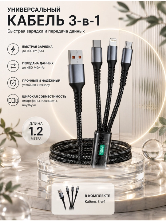 Универсальный кабель для зарядки 3-в-1 100 Вт, Type-C, Lightning, Micro-USB,  1.2 м