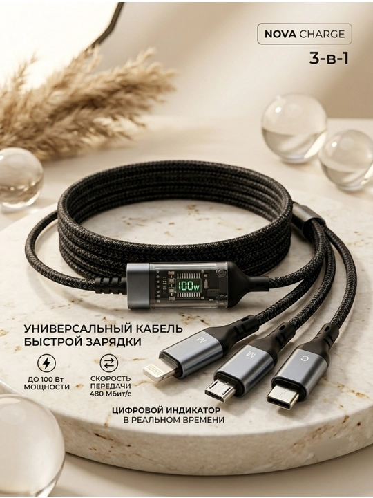 Универсальный кабель для зарядки 3-в-1 100 Вт, Type-C, Lightning, Micro-USB,  1.2 м