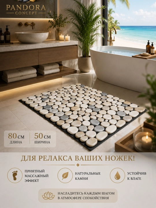 Массажный коврик для ног из натурального камня, нескользящий, 80 × 50 см, для ванной комнаты