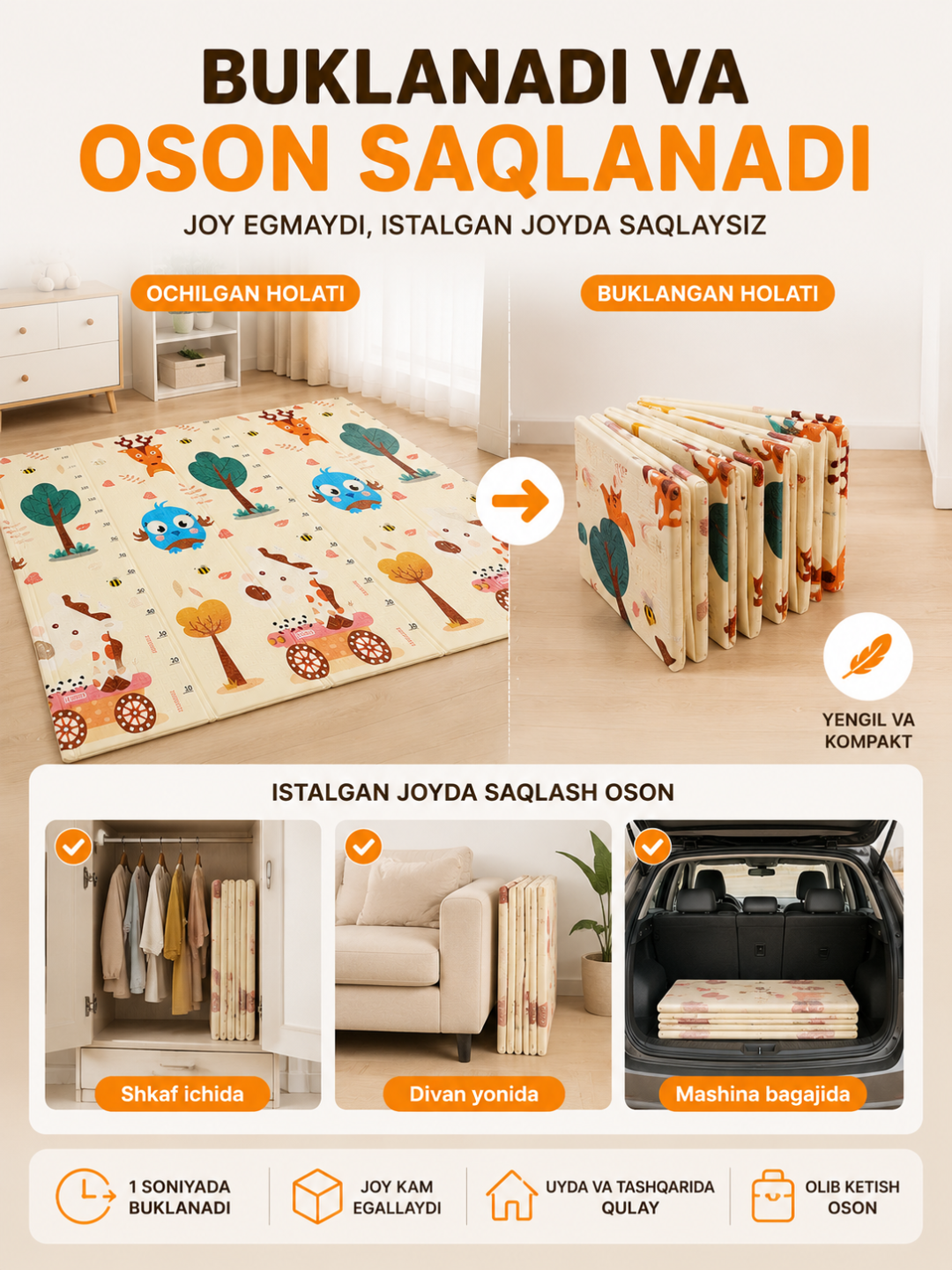 150×180 sm o‘lchamli ikki tomonlama bolalar termokovuri, XPE buklanadigan o‘yin gilami