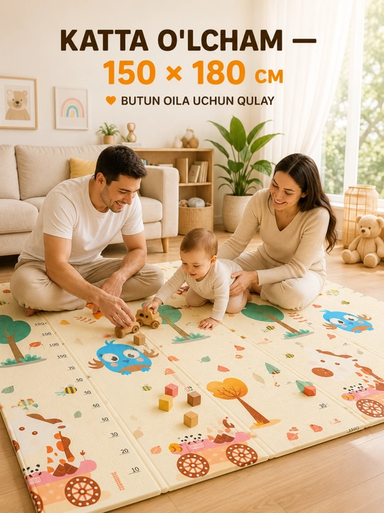 150×180 sm o‘lchamli ikki tomonlama bolalar termokovuri, XPE buklanadigan o‘yin gilami