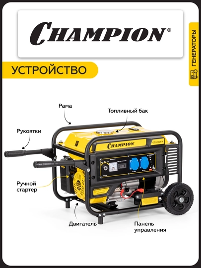 Генератор CHAMPION GG3200 (3,2/3,5кВт 7,5лс 15л 42кг, счетчик)