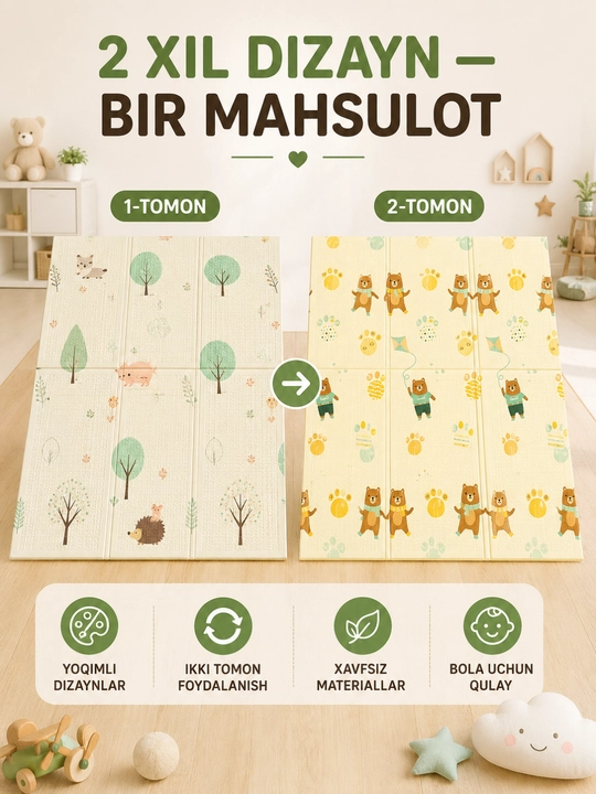 150×180 sm o‘lchamli ikki tomonlama bolalar termokovuri, XPE buklanadigan o‘yin gilami