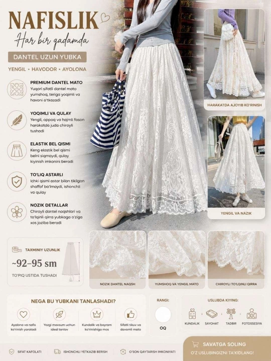 Ayollar yubkasi, standart o‘lchamlar: M-XXL
