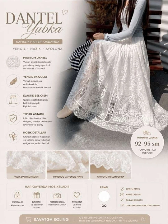 Ayollar yubkasi, standart o‘lchamlar: M-XXL - 