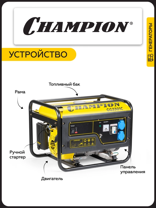 Генератор CHAMPION GG3301C (2,8/3,1кВт 6лс 15л 46кг высокий пусковой ток, 7кВт)