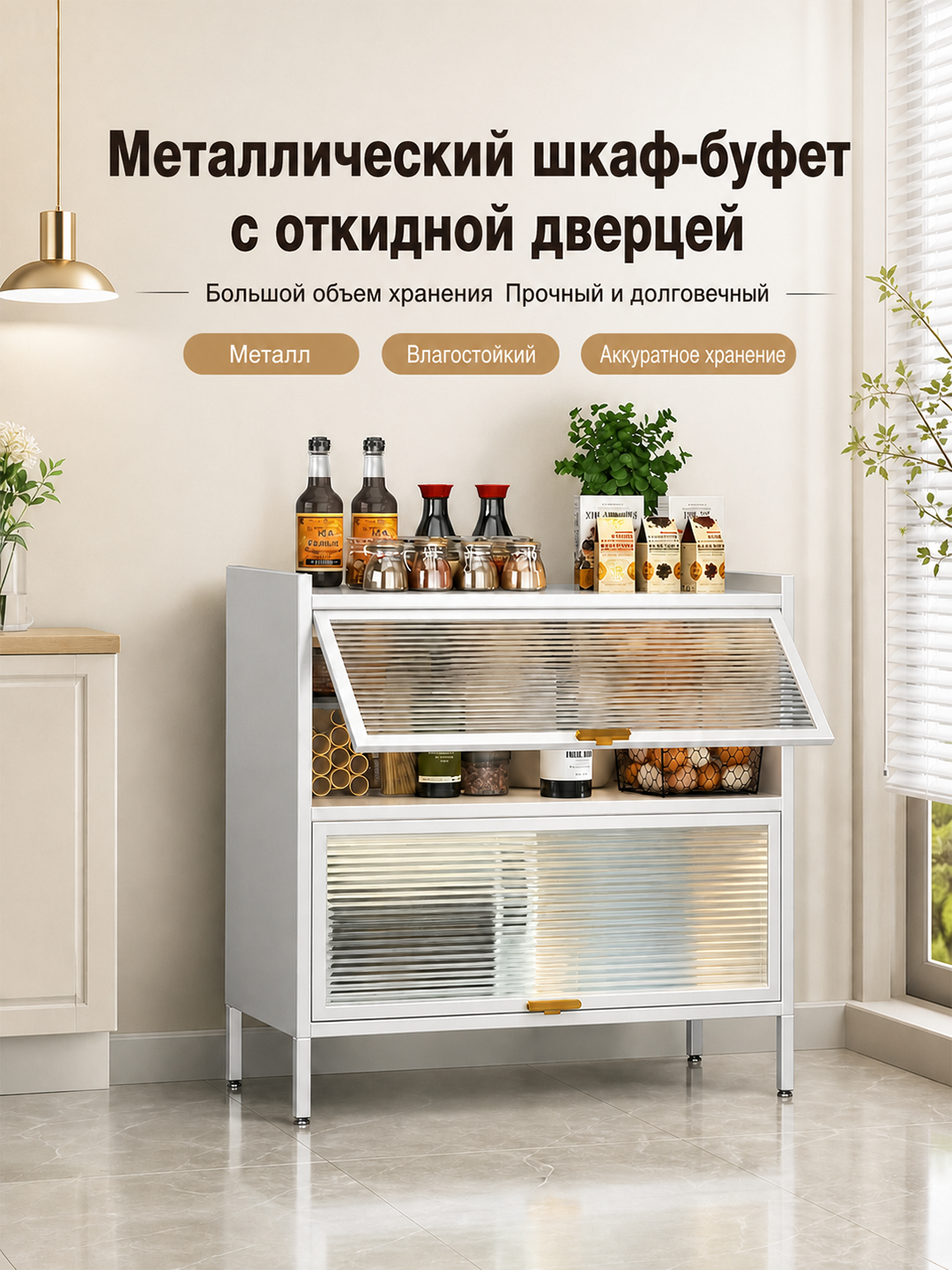Настольная кухонная полка с раздвижными дверями, металлический органайзер для хранения - 
