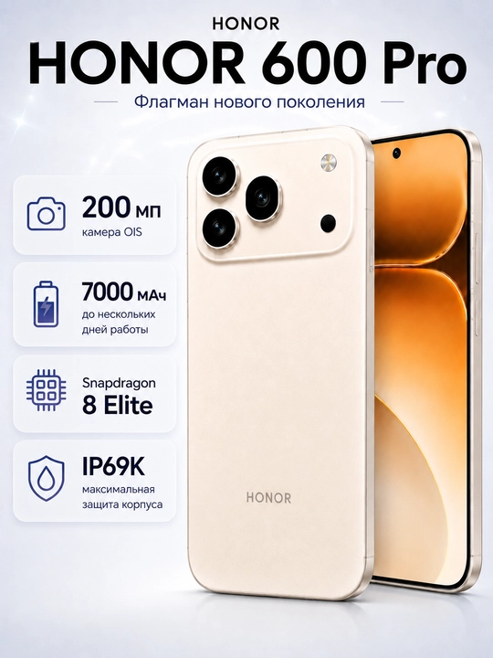 Смартфон HONOR 600 Pro, 12/512 ГБ, AMOLED 120 Гц, 200 МП OIS, 7000 мАч - 