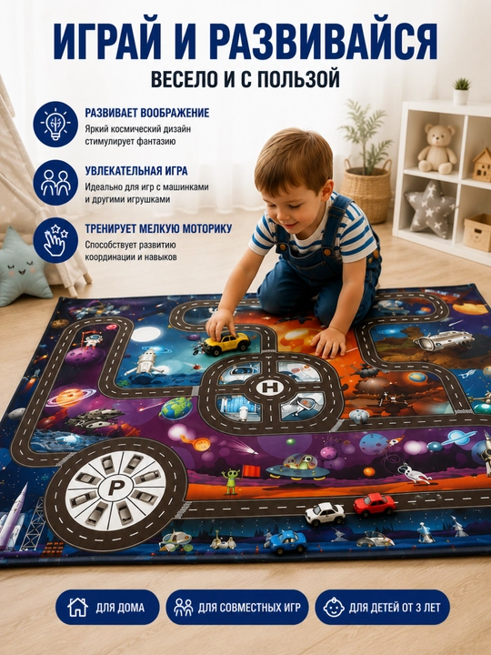 Детский игровой коврик с дорогами для машинок, 130×100 см, развивающий