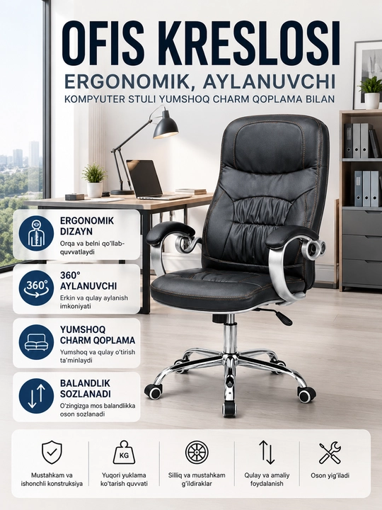 Ofis kreslosi ergonomik, aylanuvchi kompyuter stuli yumshoq charm qoplama bilan