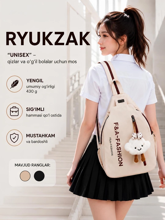 Ryukzak sumka kundalik va o‘qish uchun. Brelok sovg‘a - 