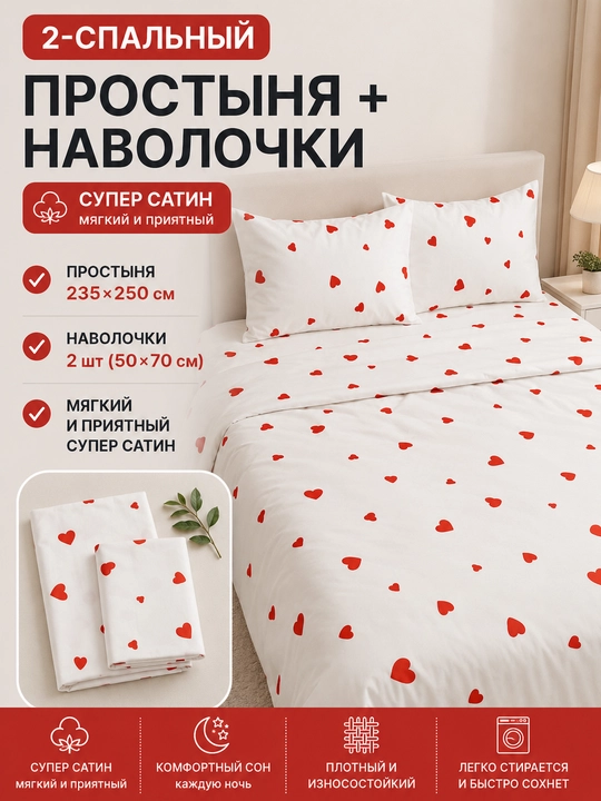 Икки kishilik choyshablar to‘: super-satin matosidan tayyorlangan choyshab va yostiq jildi - 