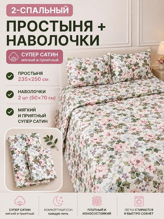 Ikki kishilik gul naqshli super satin choyshablar to‘plami - 