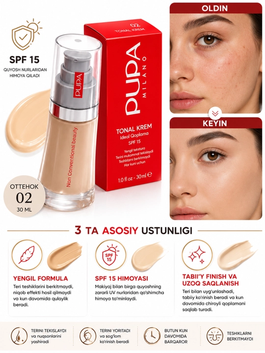 PUPA Milano SPF 15 tusli kremi, tabiiy qoplamali, 01 tusli Natural Ivory, 30 ml