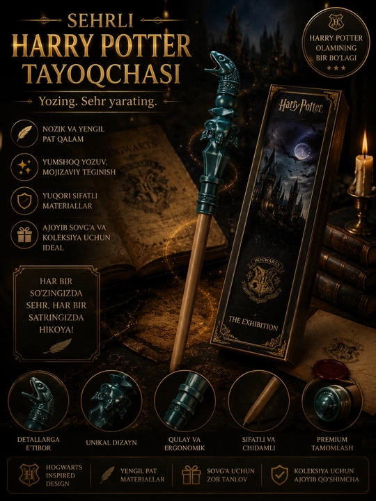 Harry Potter Sehrli Tayoqcha Ruchka – Kolleksion Suvenir, Premium Sovg'a, Fantasy Pen - 