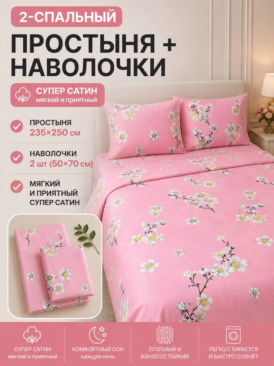 Supersatindan tayyorlangan gulli naqshli ikki kishilik choyshablar to‘plami - 