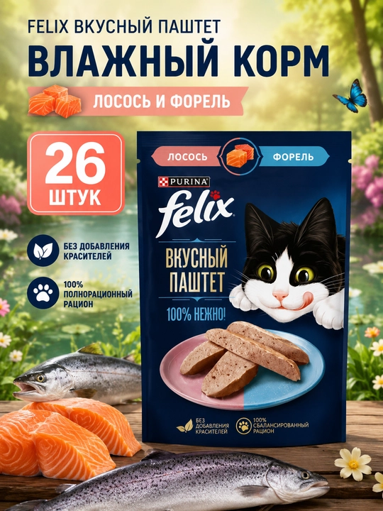 Felix Mazali pashtet mushuklar uchun nam ozuqa, losos va forel, 75 gr 26 dona