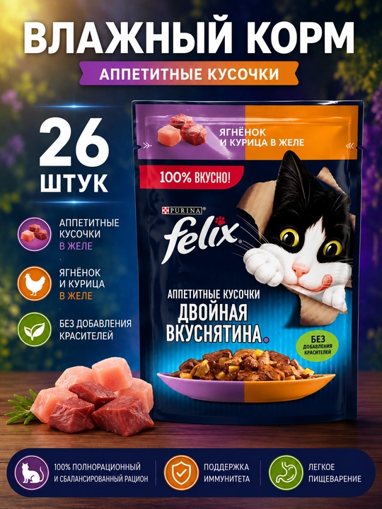 Felix nam ovqat mushuklar uchun qo'zichoq va tovuqli, 75 gr 26 dona