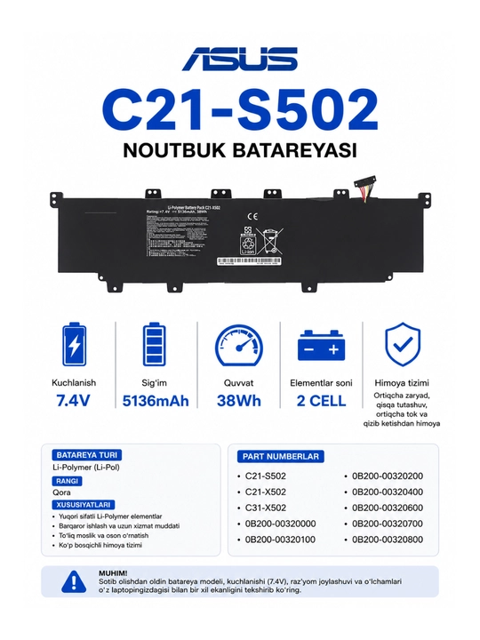 Аккумулятор для ноутбука ASUS C21-S502 (7.4V, 5136mAh, 38Wh) - 
