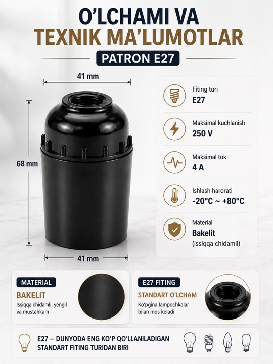Patron E27 lampa uchun, qora osma lampochka ushlagichi, plastik korpus