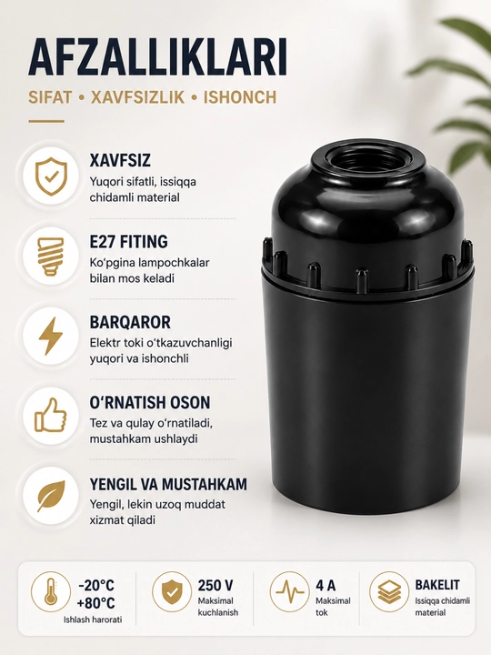 Patron E27 lampa uchun, qora osma lampochka ushlagichi, plastik korpus