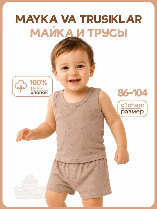 Комплект детского белья, майка и трусы, 100% хлопок, 86–104 - 