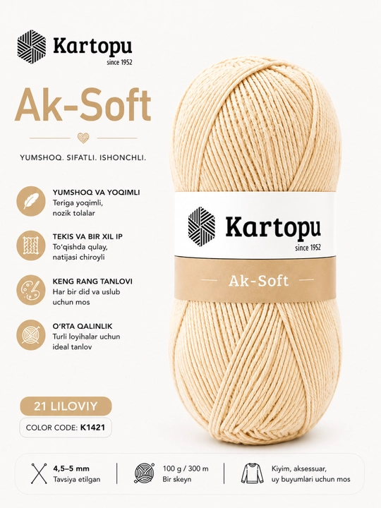 Kartopu Ak-Soft ip – Paxtali to‘qish ipi, amigurumi va kroshe uchun yumshoq ip 50g/160m