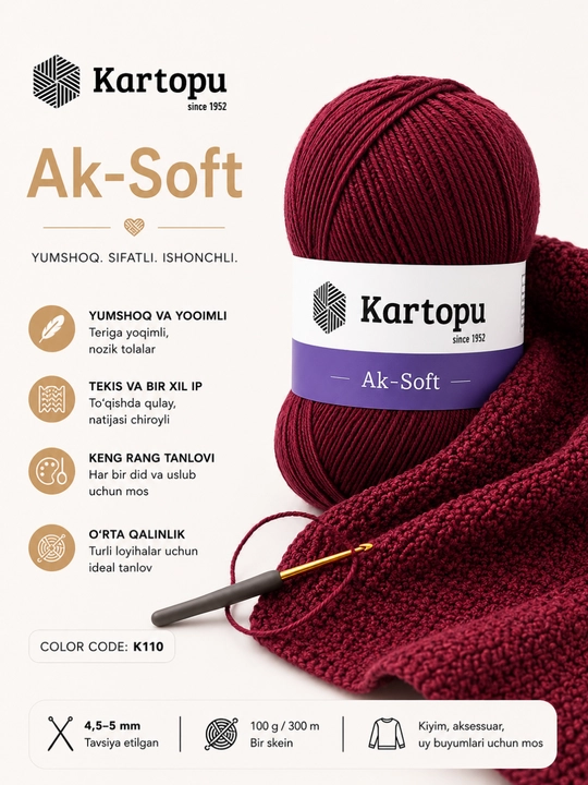 Kartopu Ak-Soft ip – Paxtali to‘qish ipi, amigurumi va kroshe uchun yumshoq ip 50g/160m - 