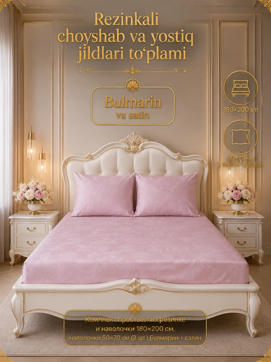 Ikki kishilik choyshab, 180x200 o‘lchamli rezinkali choyshabli choyshab to‘plami - 