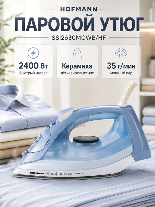 Паровой утюг Hofmann SSI2630MCWB/HF, 2400 Вт, керамика, пар 35 г/мин - 