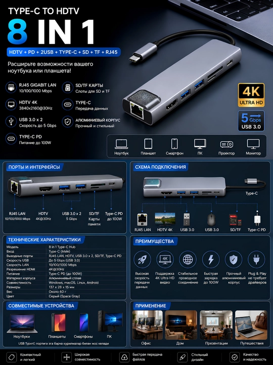 UNIVERSAL Perexodnik type-c to hdtv 5ni1 va 8ni1 - 