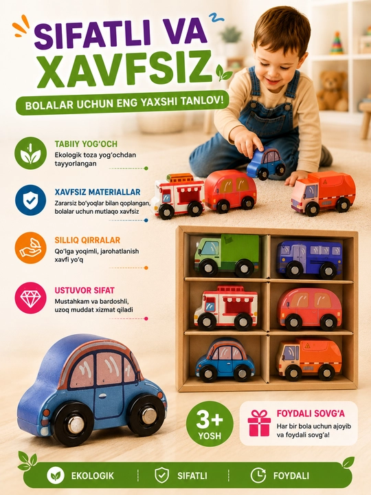 Yog‘och mashinalar, 6 ta to‘plam, rivojlantiruvchi o‘yinchoq, bolalar uchun transport, Montessori