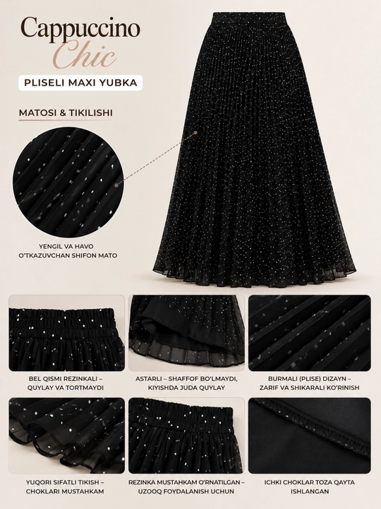 Ayollar yubkasi Shifon yubka Burmali yubka Plisse yubka Midi yubka Maxi yubka Uzun yubka