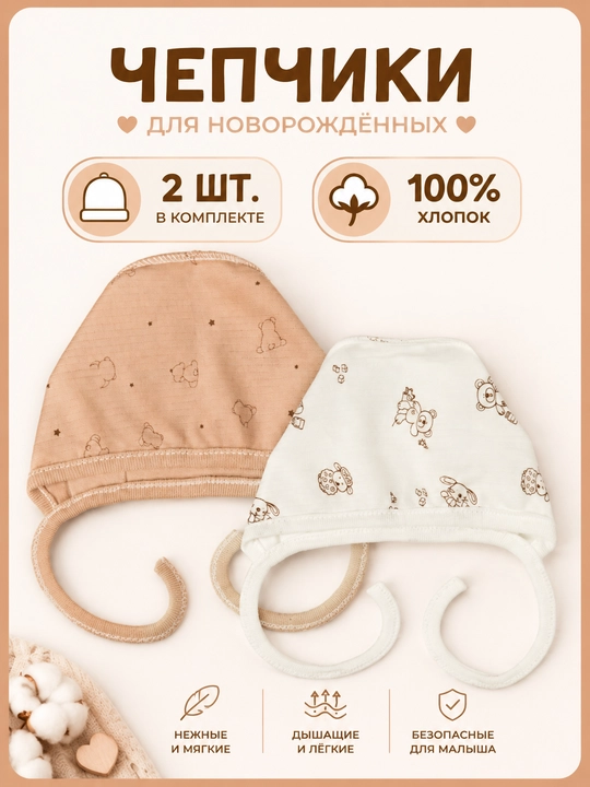 Чепчик для новорождённых из 100% хлопка, от 0 до 3 месяцев - 
