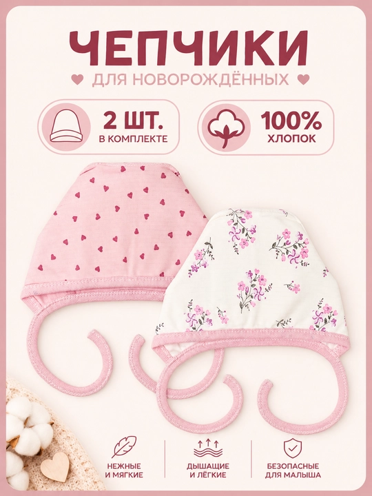 Чепчик для новорождённых из 100% хлопка, от 0 до 3 месяцев - 