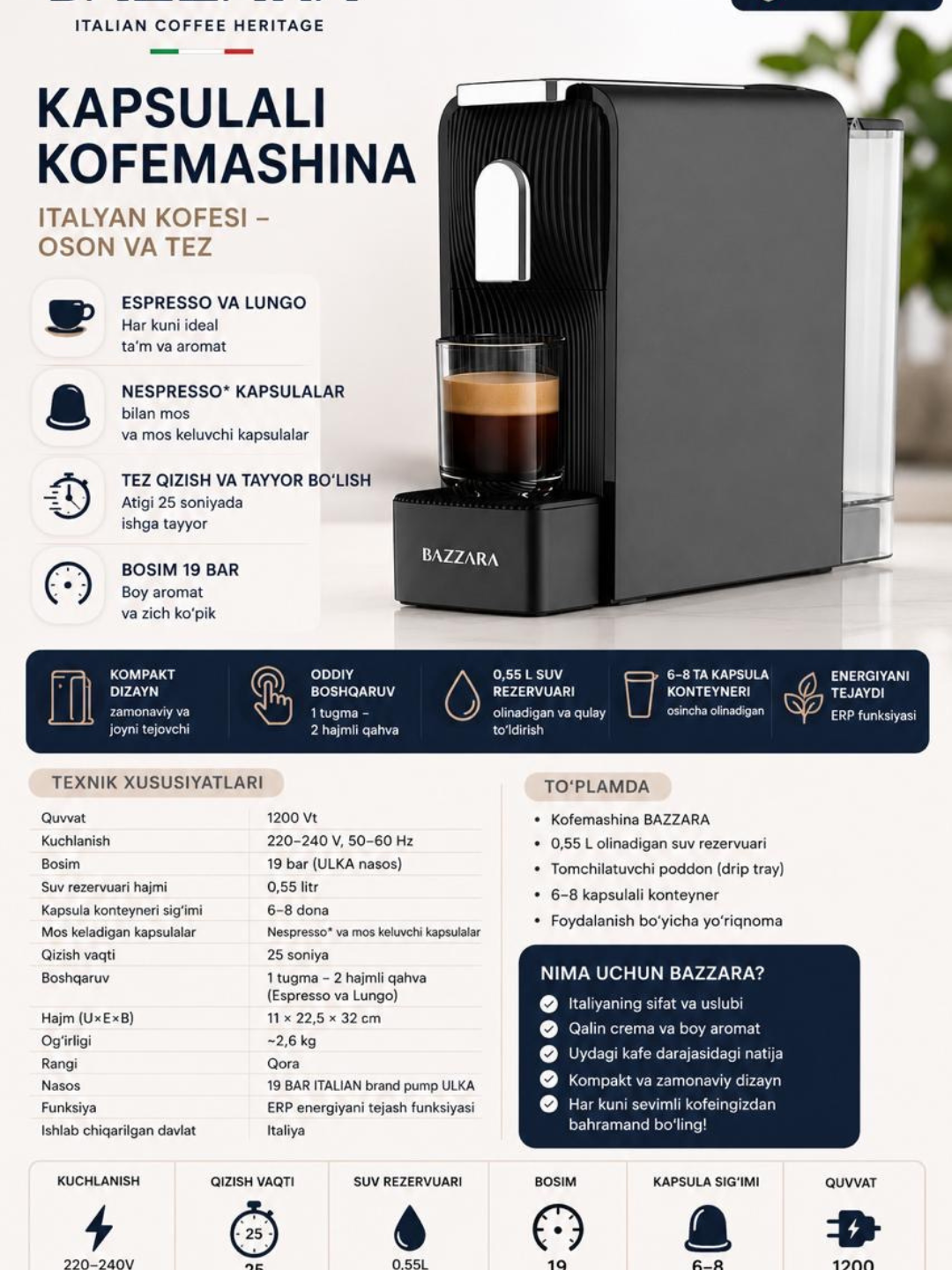 BAZZARA kapsulali kofemashina 19 bar Nespresso kapsulalari uchun 0.55L Espresso Lungo