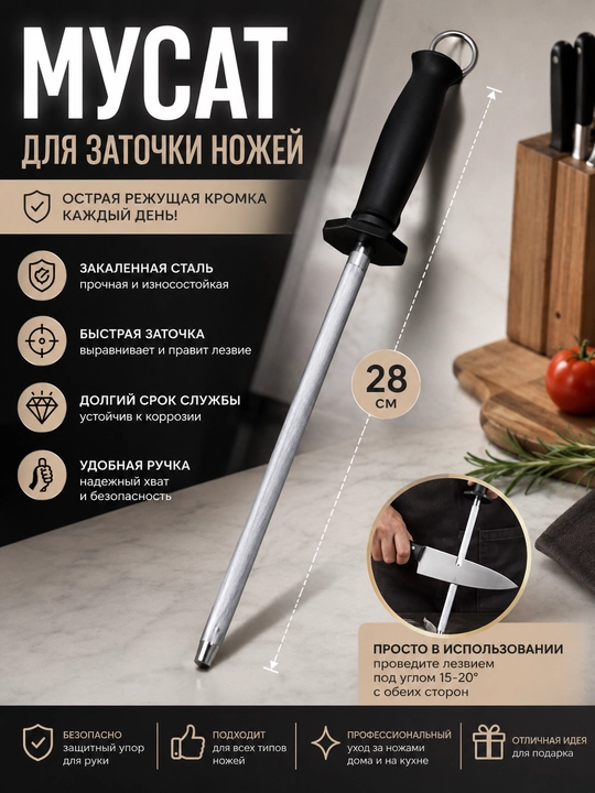 Oshxona uchun 38 sm li po‘lat pichoqni charxlash uchun musat - 