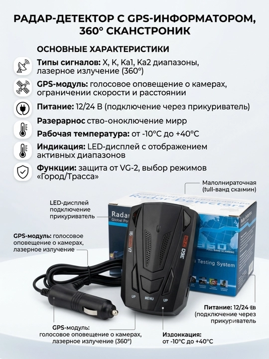 Автомобильный радар-детектор с GPS-информатором, 360° лазерный детектор камер скорости