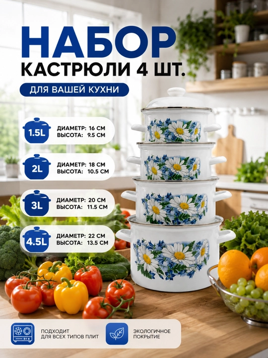 Набор кастрюль, 4 шт, эмалированные  - 