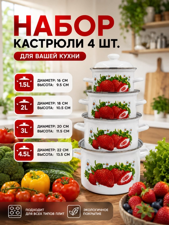 Набор кастрюль, 4 шт, эмалированные  - 