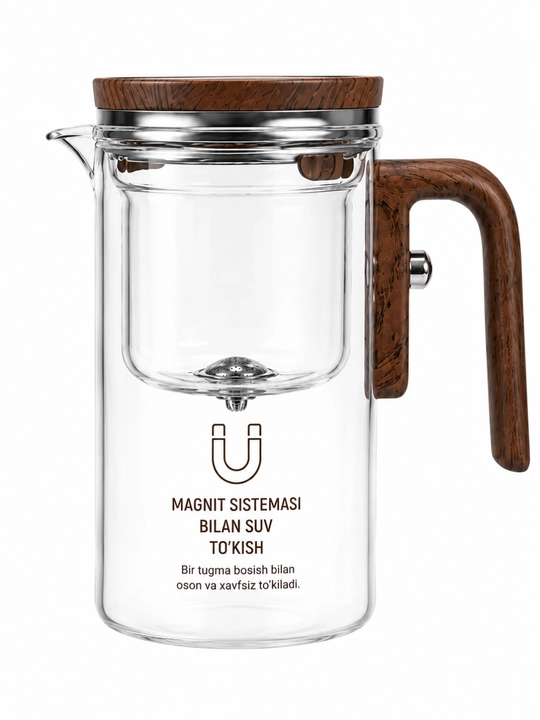 Magnitli quyish tizimiga ega 750 ml shisha damlash choynagi - Ikki oynali