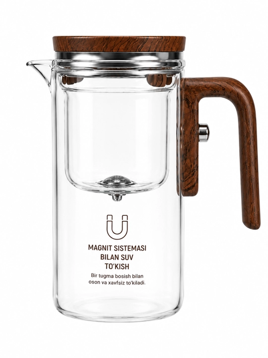 Magnitli quyish tizimiga ega 750 ml shisha damlash choynagi - Ikki oynali
