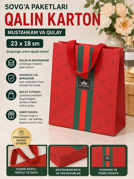 Sovg'a paketlari qalin karton 23x18 sm, mustahkam va qulay - 