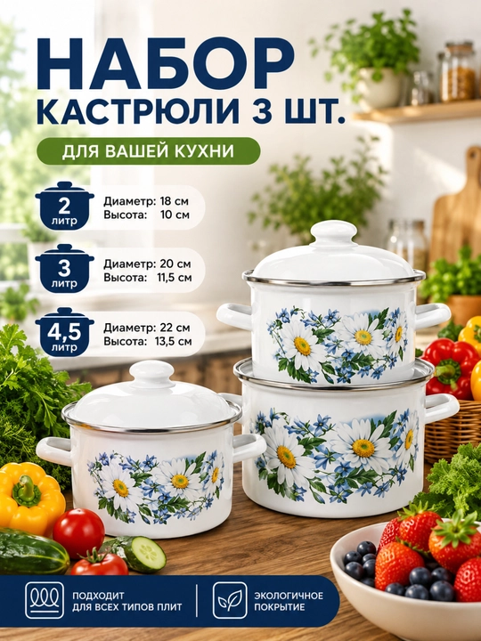 Набор кастрюль, 3 шт, эмалированные - 