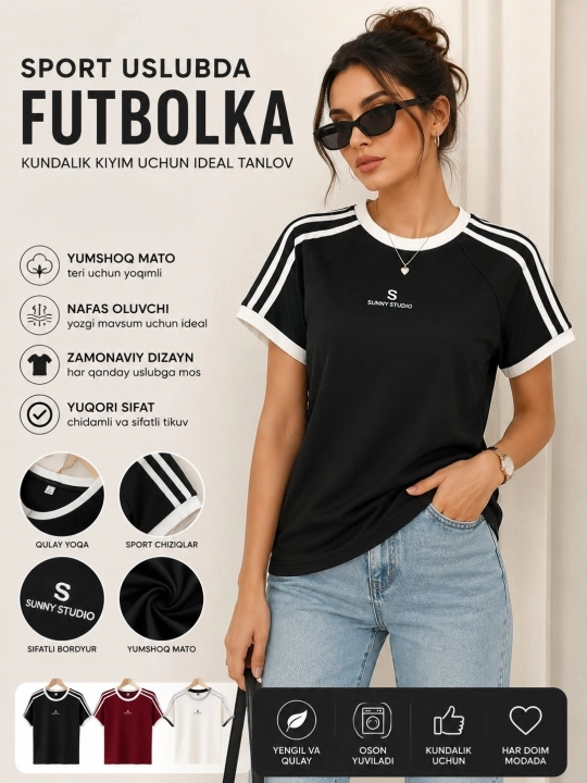 Yumshoq va nafas oluvchi matodan tikilgan zamonaviy ayollar futbolkasi, yengil va qulay - 