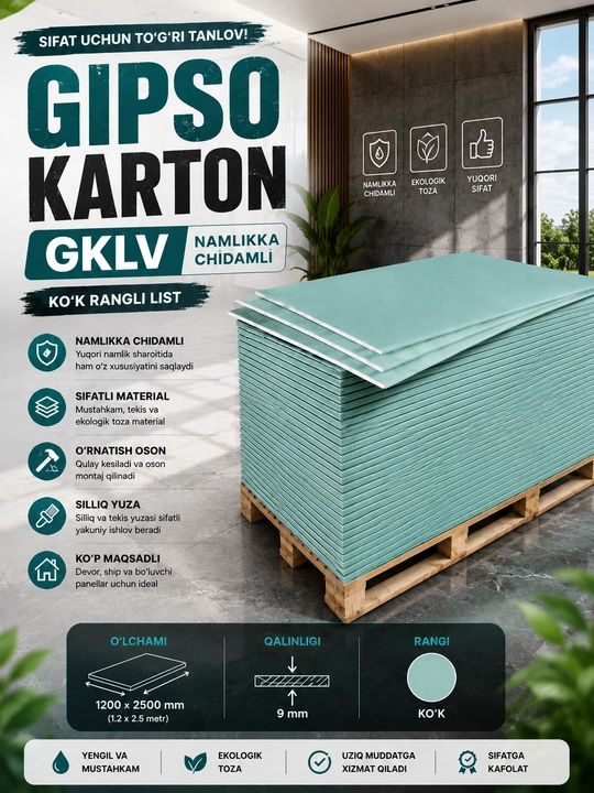 Gipsokarton listi, ichki devor va shiftlar uchun mustahkam qurilish materiali - 