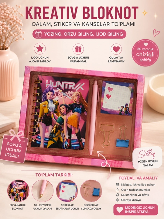 Kreativ bloknot to'plami – bloknot, ruchka, stiker va qisqich - 
